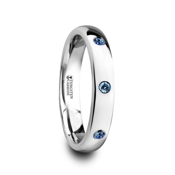 HALIA Polished and Domed Tungsten Carbide Wedding Ring with 3 Blue Sapphires Setting - 4mm