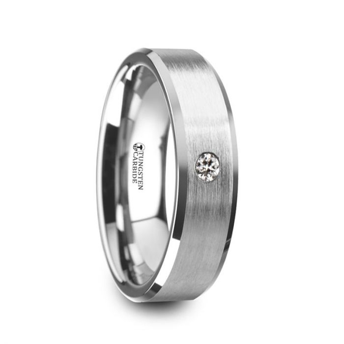PORTER Brushed Finish Tungsten Carbide Wedding Ring with White Diamond Setting and Beveled Edges- 6 mm & 8 mm
