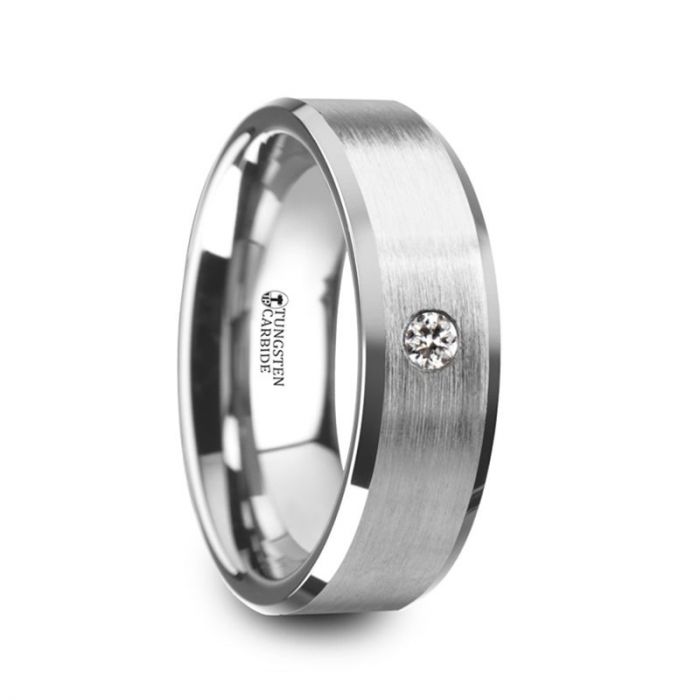 PORTER Brushed Finish Tungsten Carbide Wedding Ring with White Diamond Setting and Beveled Edges- 6 mm & 8 mm