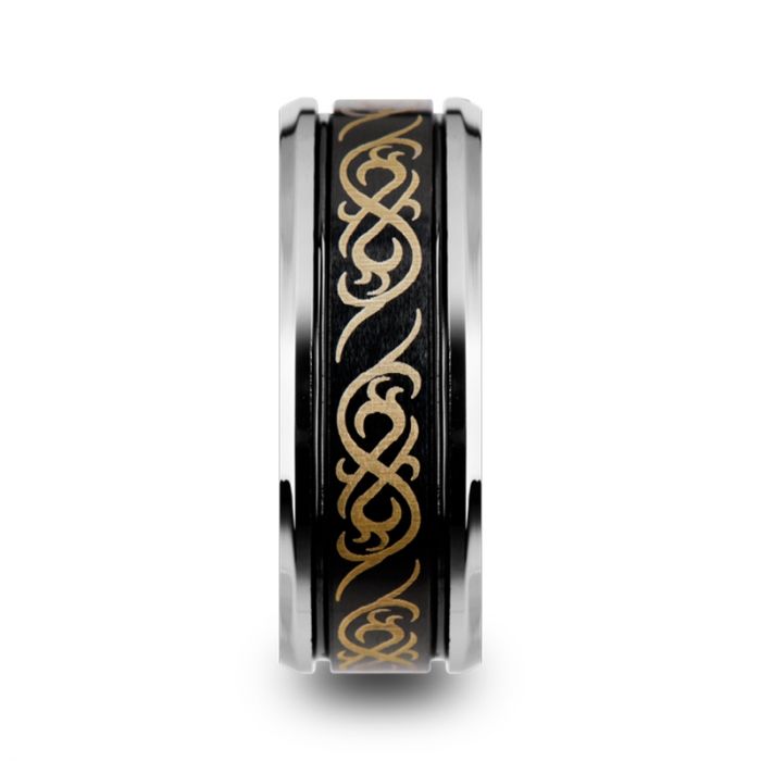 RAIZEN Black Tungsten Carbide Wedding Ring with Dual Offset Grooves and Laser Engraved Celtic Pattern Polished and Beveled Edges - 9mm