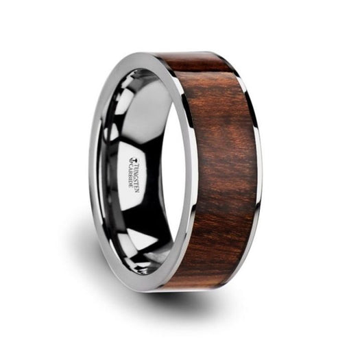 THRACO Flat Carpathian Wood Inlaid Tungsten Carbide Ring with Polished Edges - 8 mm