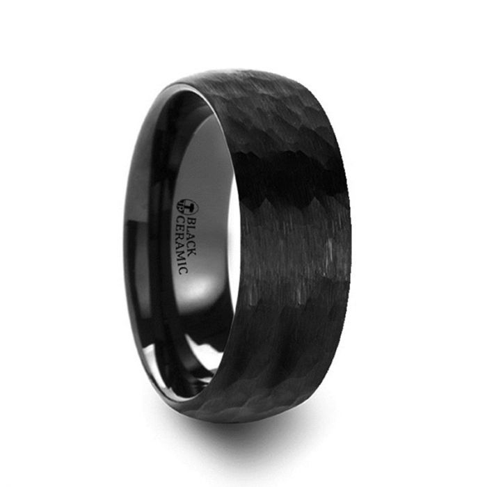 RAGNAROK Domed Hammer Finish Black Ceramic Wedding Band with Brushed Finish - 6mm & 8mm