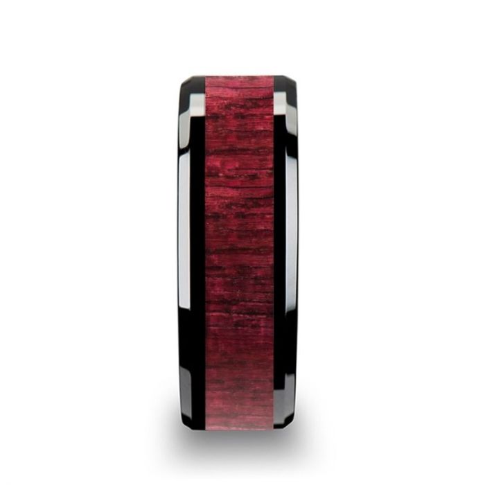 MORADO Purple Heart Wood Inlaid Black Ceramic Ring with Beveled Edges - 8mm