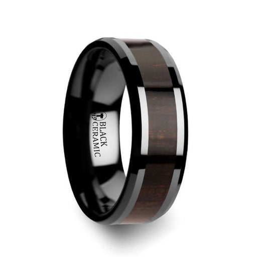 UMBRA Black Ebony Wood Inlaid Black Ceramic Ring with Beveled Edges - 8mm