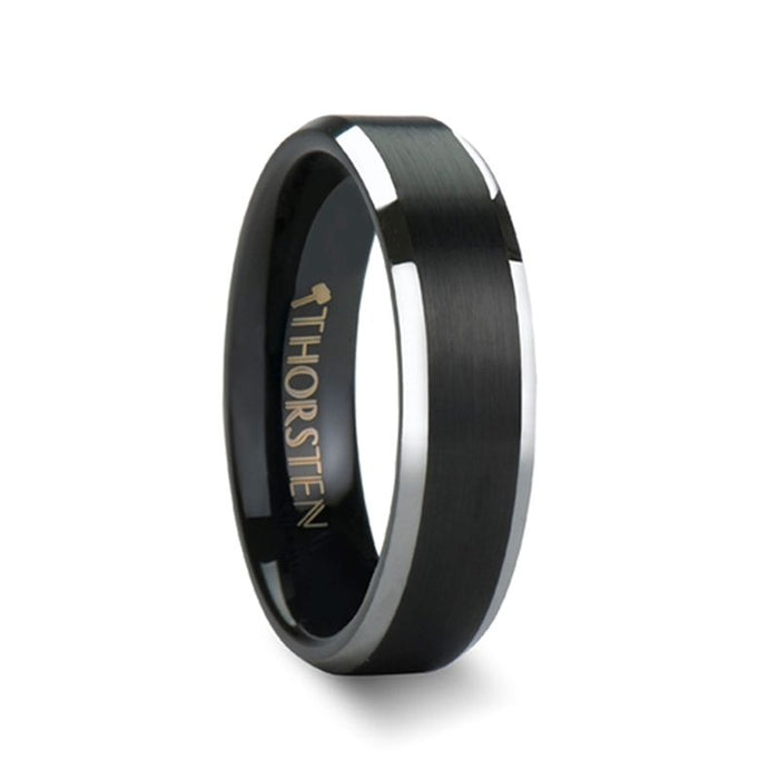 ASTON Black Brushed Center Tungsten Ring with Polished Beveled Edges - 4mm - 10mm