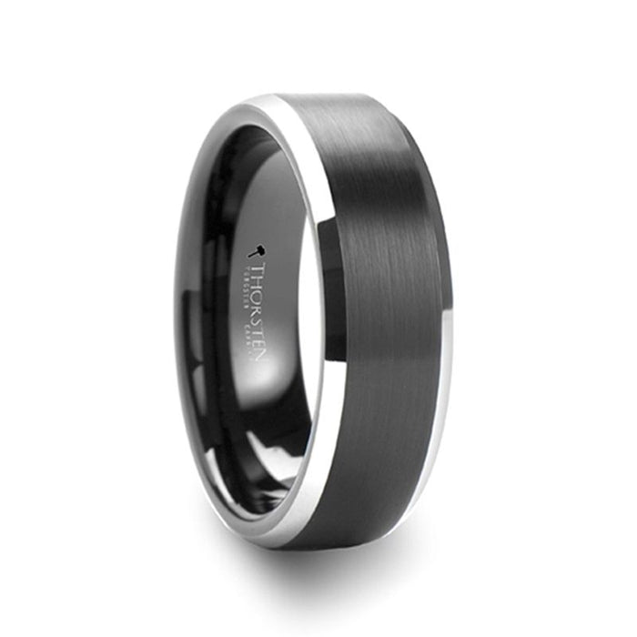 ASTON Black Brushed Center Tungsten Ring with Polished Beveled Edges - 4mm - 10mm