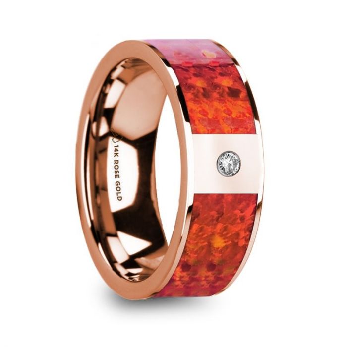 GIANNES Red Opal Inlaid Polished 14k Rose Gold Men’s Wedding Ring with Diamond Accent - 8 mm