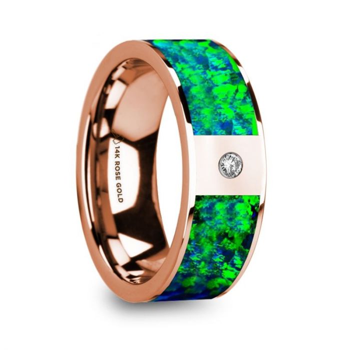HERAKLEES Men’s Polished 14k Rose Gold & Green/Blue Opal Inlay Wedding Ring with Diamond - 8 mm