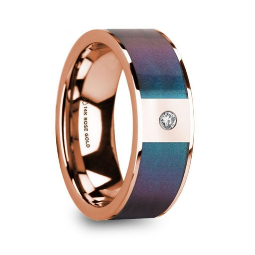 LUKAS 14K Polished Rose Gold Wedding Ring with Blue & Purple Color Changing Inlay & Diamond - 8 mm