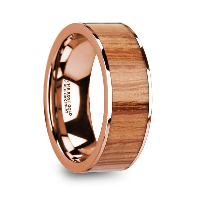 MILOS Polished Flat 14k Rose Gold Men’s Wedding Ring with Red Oak Wood Inlay - 8mm