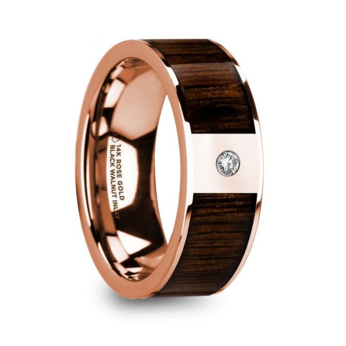 MITROS Men’s Polished 14k Rose Gold & Black Walnut Inlay Wedding Ring with Diamond - 8 mm