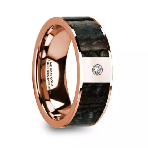 MIKHOS Blue Dinosaur Bone Inlaid Polished 14k Rose Gold Men’s Flat Wedding Ring with Diamond - 8mm