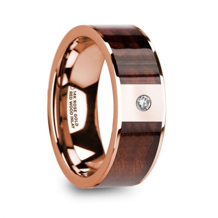 PETROS Red Wood Inlaid Polished 14k Rose Gold Men’s Wedding Ring with Diamond Center - 8 mm