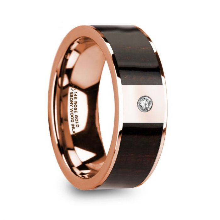 ROMANOS Men’s Polished 14k Rose Gold & Ebony Wood Inlaid Wedding Ring with Diamond Center - 8 mm