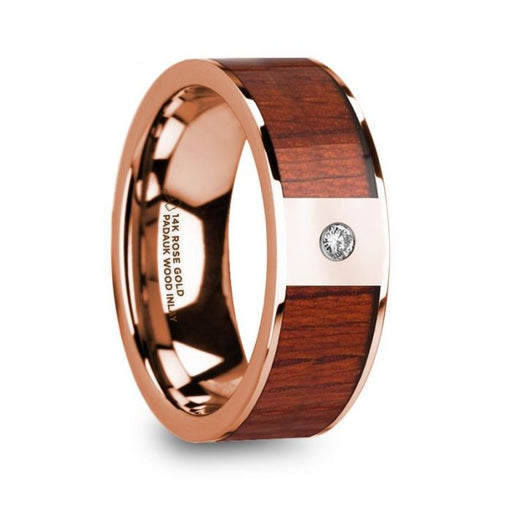 NIKANDROS Men’s 14k Rose Gold Polished Wedding Ring with Padauk Wood Inlay & Diamond - 8 mm