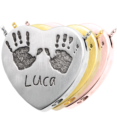 Baby Handprints with Name + Age on Heart Pendant