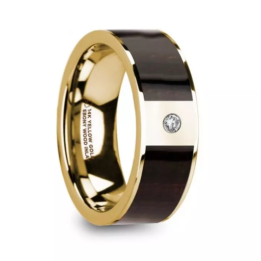 SERGIOS Men’s 14k Yellow Gold with Ebony Wood Inlay Flat Wedding Ring with Diamond Center - 8 mm