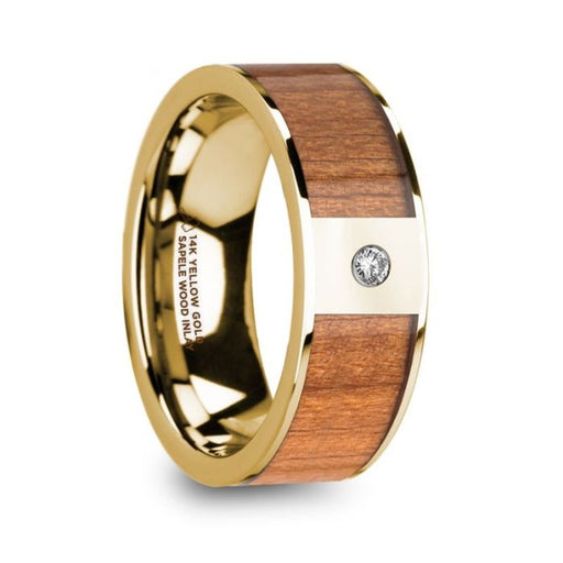 SPYROS Men’s Sapele Wood Inlaid 14k Yellow Gold Polished Wedding Ring with Diamond Center - 8 mm