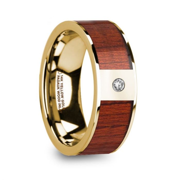 TOBIT Men’s Polished 14k Yellow Gold Wedding Ring with Padauk Wood Inlay & Diamond - 8 mm