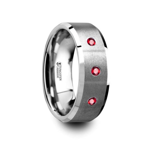 NEREUS Brushed Tungsten Flat Wedding Band with Polished Beveled Edges & Rubies - 8mm