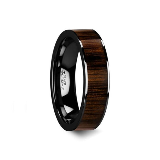 KENDO Black Ceramic Polished Finish Ring with Black Walnut Wood Inlay - 6mm - 10mm