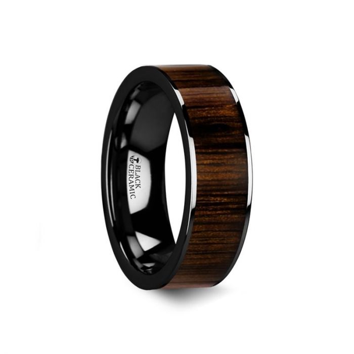 KENDO Black Ceramic Polished Finish Ring with Black Walnut Wood Inlay - 6mm - 10mm