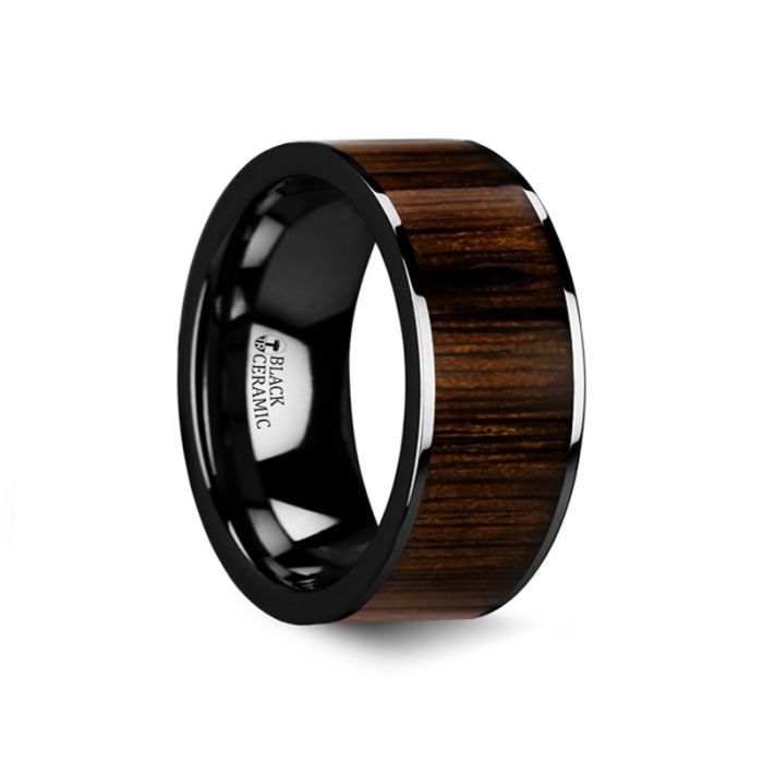 KENDO Black Ceramic Polished Finish Ring with Black Walnut Wood Inlay - 6mm - 10mm