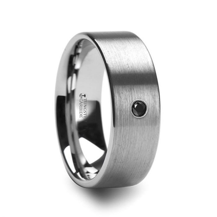IRENAEUS Flat Brushed Tungsten Men’s Wedding Ring with Black Diamond - 6mm & 8mm