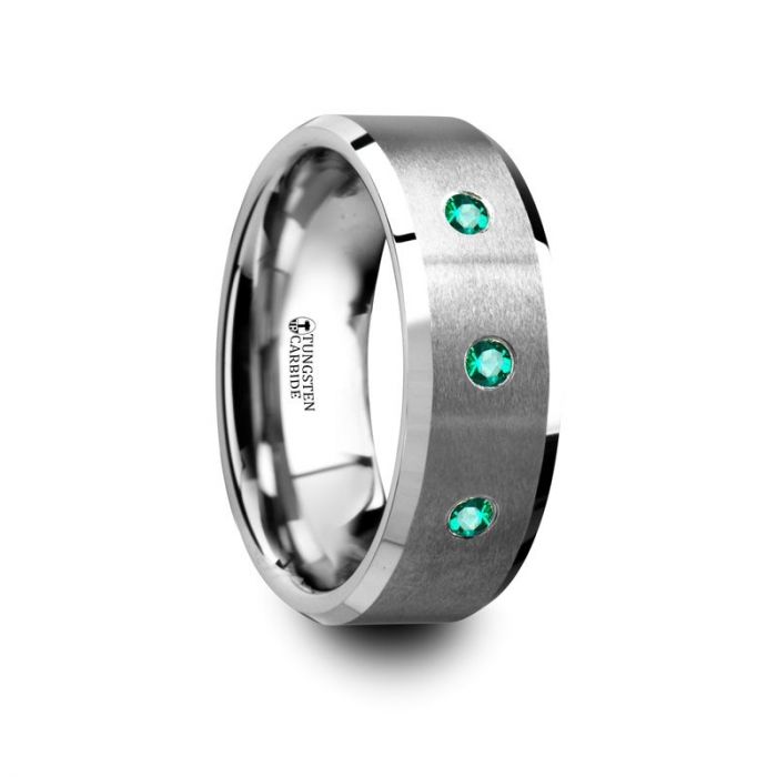 ICARUS Brushed Tungsten Men’s Wedding Ring with Polished Beveled Edges & 3 Emeralds - 8mm