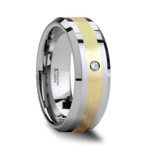 FABIAN 14K Gold Inlaid Beveled Tungsten Ring with Diamond - 6mm & 8mm