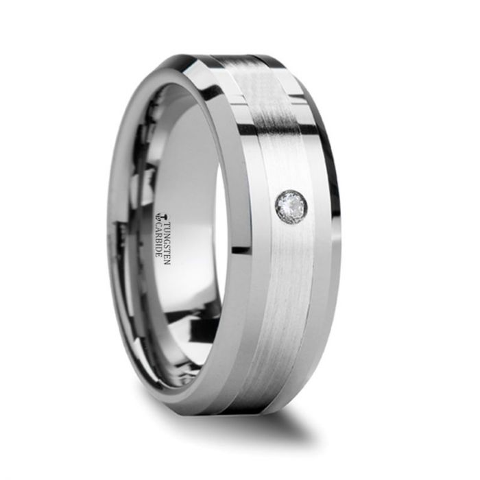 LAURENT Platinum Inlaid Beveled Tungsten Ring with Diamond - 8mm