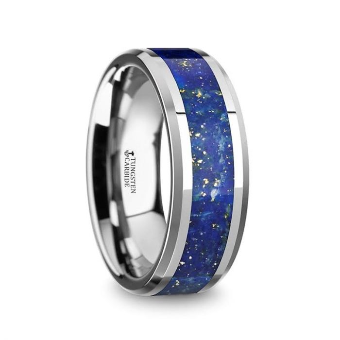 OSIAS Men’s Polished Tungsten Wedding Band with Blue Lapis Inlay & Beveled Edges - 8mm