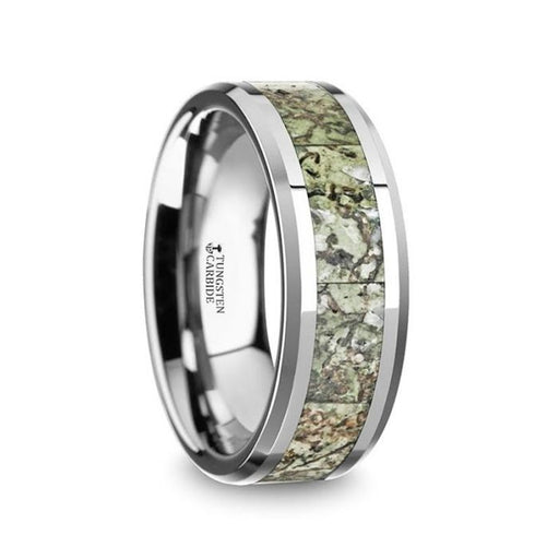 TARGARYEN Men’s Tungsten Wedding Band with Green Dinosaur Bone Inlay & Beveled Edges - 8mm