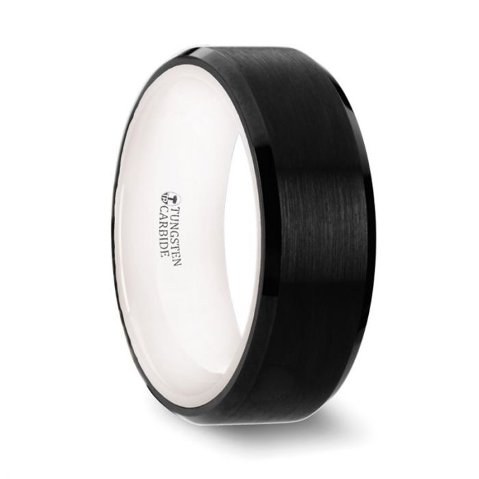 SIGMA Black Tungsten Brushed Center Men’s Wedding Band with Polished Beveled Edges & White Interior - 8mm