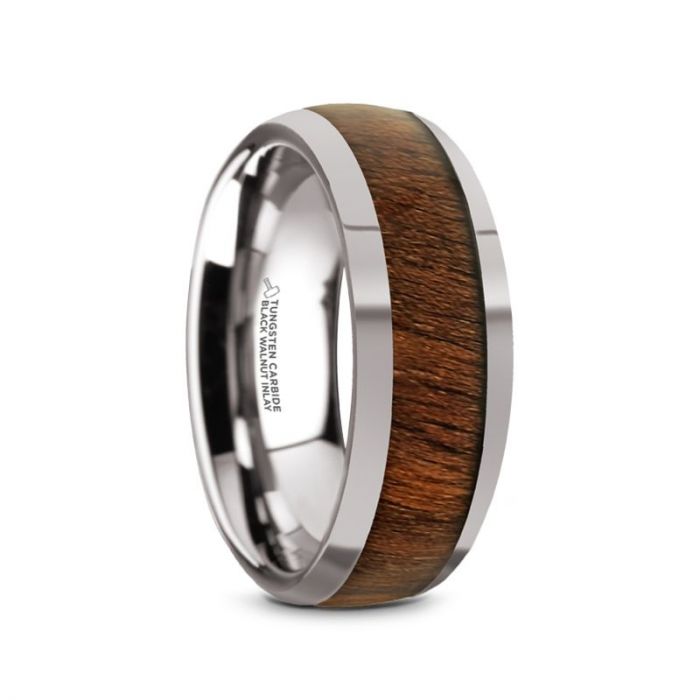 JUGLAN Tungsten Carbide Polished Finish Men’s Domed Wedding Ring with Exotic Black Walnut Wood Inlay - 8mm