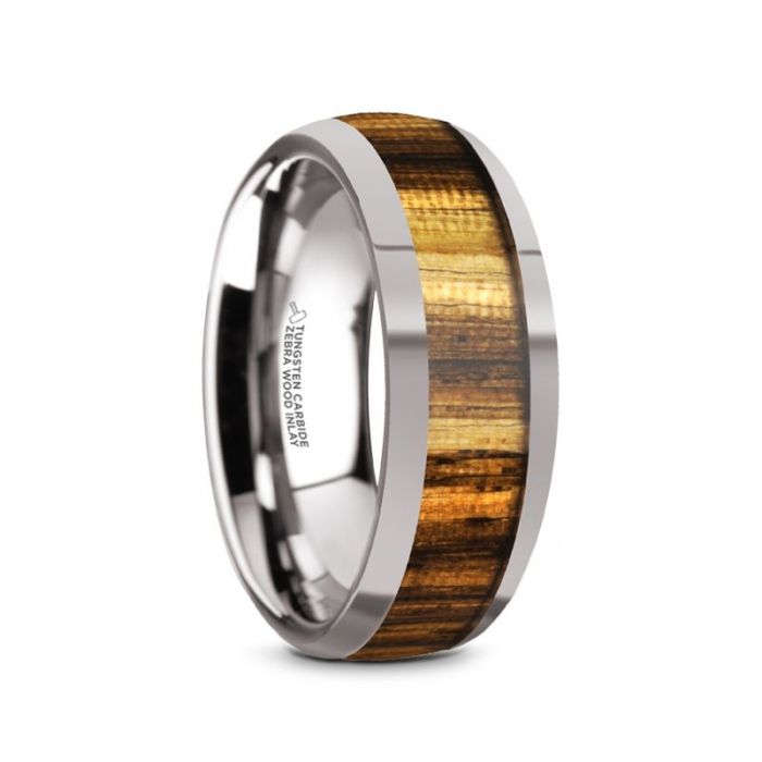 TIGRE Tungsten Carbide Polished Finish Men’s Domed Wedding Band with Zebra Wood Inlay - 8mm