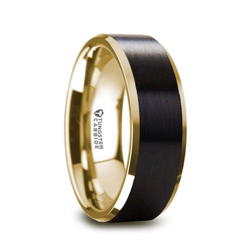 GASTON Gold Plated Tungsten Polished Beveled Ring with Brushed Black Center - 6mm & 8mm