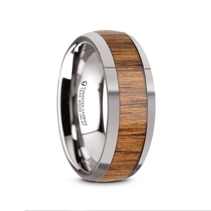 THEKKA Domed Tungsten Carbide Polished Edges Teak Wood Inlaid Men’s Wedding Ring - 8mm