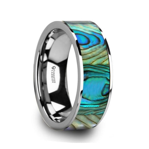 LAURANT Tungsten Men’s Flat Wedding Band with Mother of Pearl Inlay & Polished Finish - 8mm