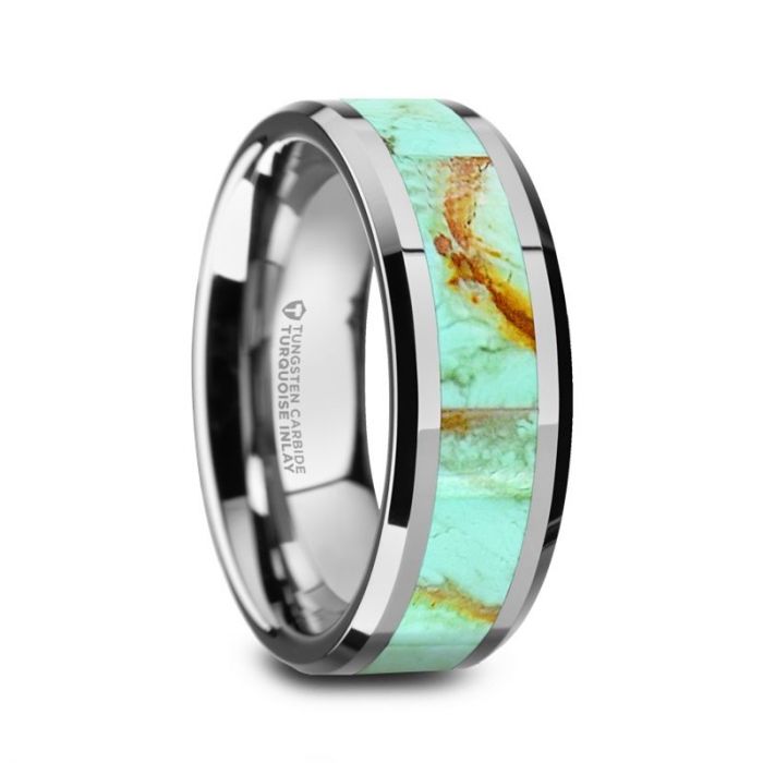 PIERRE Men’s Polished Tungsten Wedding Band with Light Blue Turquoise Stone Inlay & Polished Beveled Edges - 8mm