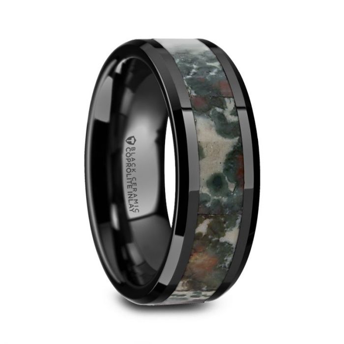 PROTOCERATOPS Black Ceramic Beveled Men's Wedding Band with Coprolite Fossil Inlay - 8mm