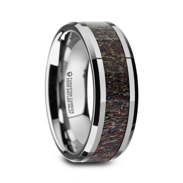 FAWN Beveled Tungsten Carbide Polished Men's Wedding Band with Dark Antler Inlay - 8mm