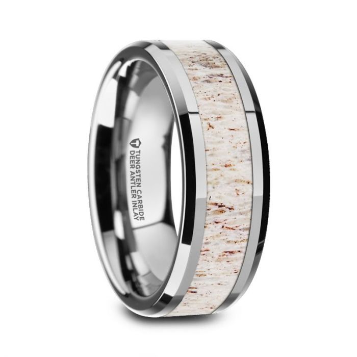 WHITETAIL Polished Beveled Tungsten Carbide Men's Wedding Band with Off-White Deer Antler Inlay - 8mm