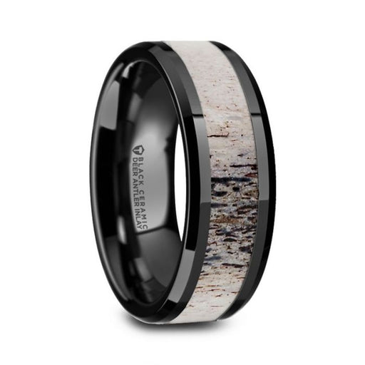 TRES Beveled Black Ceramic Polished Men's Wedding Band with Ombre Antler Inlay - 8mm