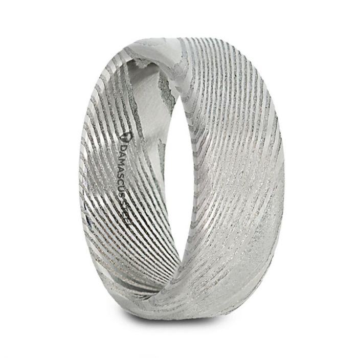 TYRELL Damascus Steel Brushed Beveled Men’s Wedding Band with Repeating Artisan Pattern - 6mm & 8mm