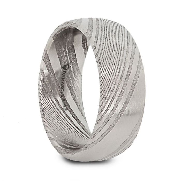 VALYRIAN Domed Brushed Damascus Steel Men’s Wedding Band with A Vivid Etched Design- 6mm & 8mm