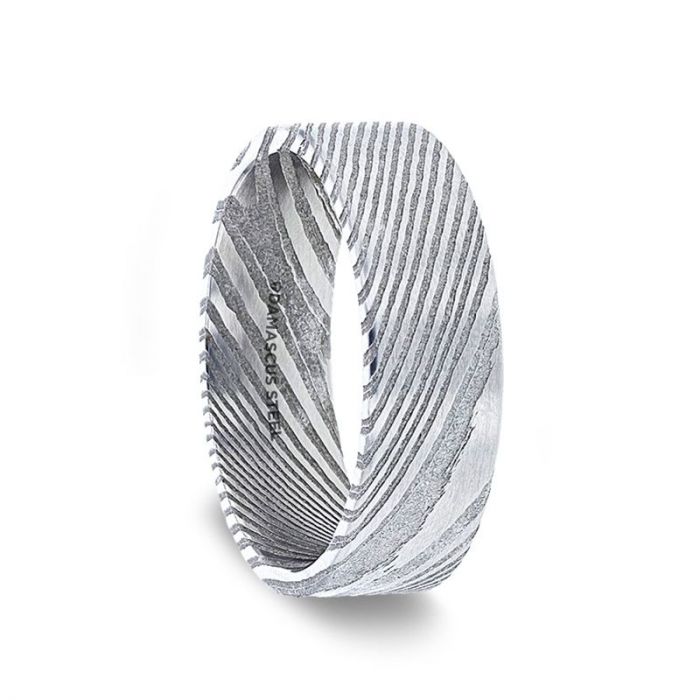 LORD Damascus Steel Flat Brushed Men’s Wedding Band with Alternating Carved Pattern - 6mm & 8mm