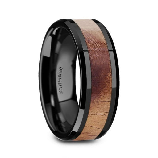 MARCUS Olive Wood Inlaid Black Ceramic Ring with Bevels - 8mm