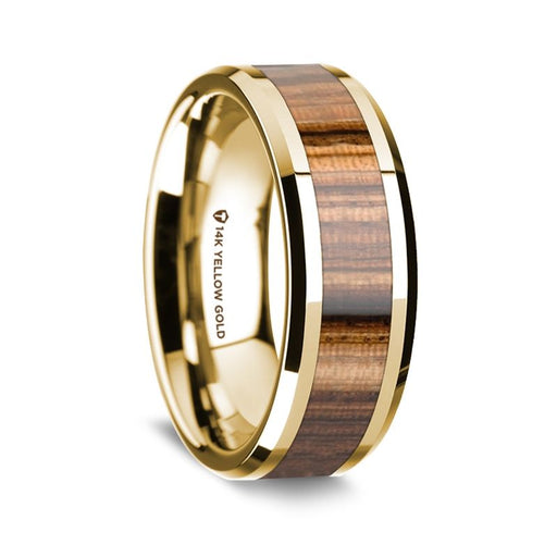 14K Yellow Gold Polished Beveled Edges Men's Wedding Band with Olive Wood Inlay - 8 mm