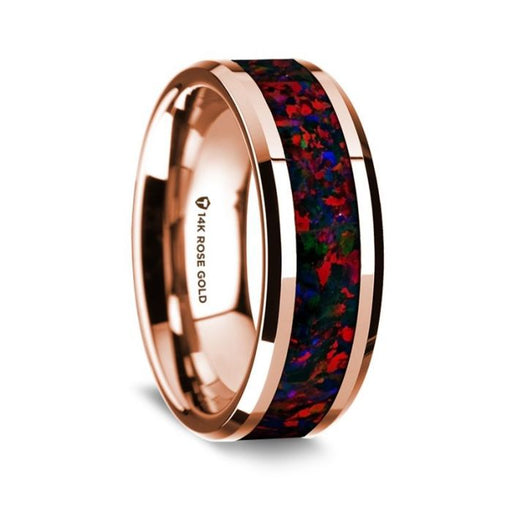 14K Rose Gold Polished Beveled Edges Wedding Ring with Black and Red Opal Inlay - 8 mm